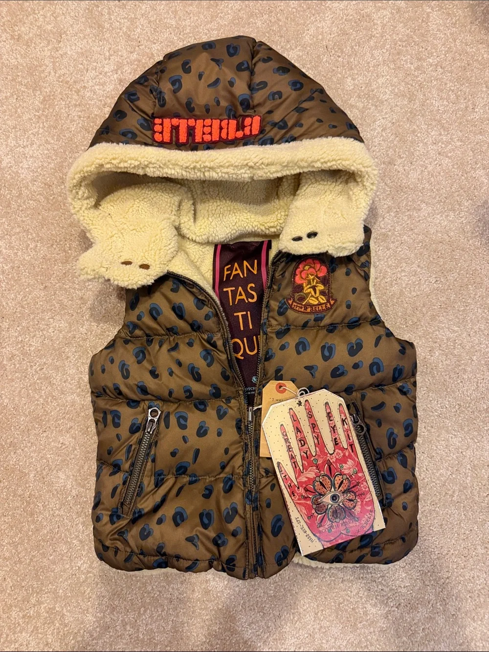 Scotch Rebelle Reversible girls Puffer Vest- Brown Leopard Print